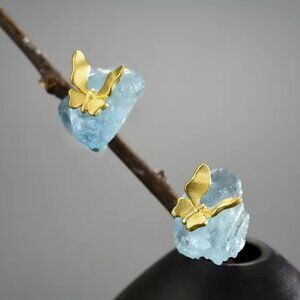 18k Gold Plated Aquamarine Stone Butterfly Stud Earrings